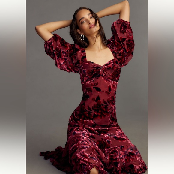 Hutch Printed Twist Front Puff Sleeve Velvet Dress - Picture 2 of 4